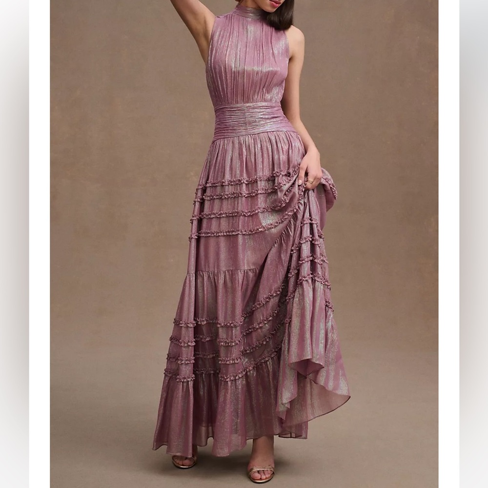 BHLDN Juniper Metallic Tiered Backless High-Neck Gown